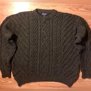 Lands’ End Heavy Aran Wool Knit Sweater Dark Green Fisherman Mens L